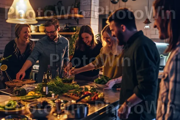 קבוצת חברים צוחקת וחולקת טיפים לבישול במטבח נעים. תְאוּרָה, קבוצה חברתית, מנורה