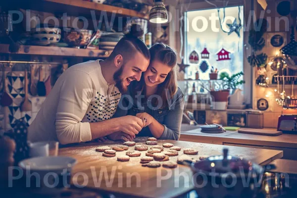 זוג חייכן אופה בשמחה עוגיות במטבח שלהם בסגנון רטרו. שולחן, מזון, משקפיים