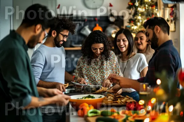 חברים מתאספים במטבח להכין סעודה חגיגית. מזון, כלי שולחן, שָׁעוֹן