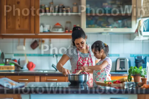 אמא מלמדת את ילדה בשמחה את אומנות הבישול במטבח הנעים שלה. משטח עבודה, כלי שולחן, צמח ביתי