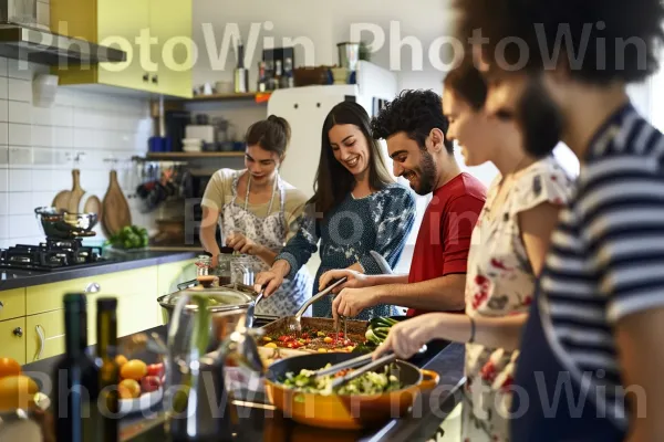 קבוצת חברים מתנסים במטבחים בינלאומיים בחלל המטבח המשותף שלהם. משטח עבודה, מִטְבָּח, מכשיר ביתי