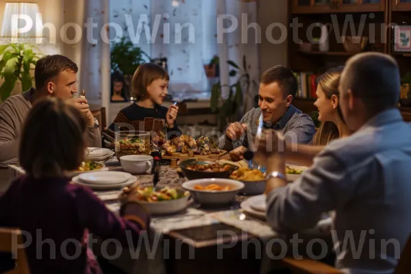 המשפחה התאספה סביב השולחן, נהנתה מארוחה ביתית. הַלבָּשָׁה, כלי שולחן, שיתוף