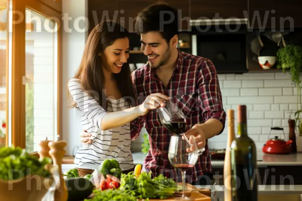 זוג צעיר לוגם יין תוך כדי הכנת ארוחת גורמה. חיוך, מזונות טבעיים, מתכון