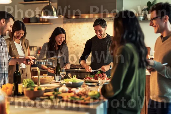 קבוצת חברים צוחקת וחולקת טיפים לבישול במטבח נעים. חיוך, משטח עבודה, מִטְבָּח