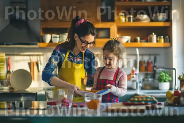 אמא מלמדת את ילדה בשמחה את אומנות הבישול במטבח הנעים שלה. מִטְבָּח, בישול, משטח עבודה