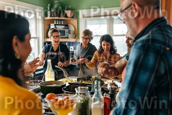 חובבי אוכל מחליפים טיפים וסודות לבישול במפגש מטבח תוסס. כתום, מסגרת תמונה, בקבוק