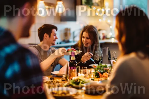 קבוצת חברים עורכת ארוחת ערב מהנה במטבח הביתי. בן אנוש, כוס יין, משקה אלכוהולי