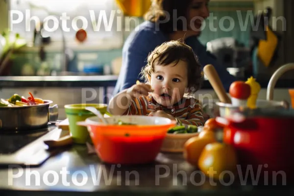 ילד צעיר שעוזר בהתרגשות להורה להכין ארוחה במטבח שובב. מזון, צַלַחַת, שַׂמֵחַ