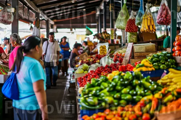 שוק מקומי תוסס הומה עם תוצרת צבעונית ועבודות יד ייחודיות. מזון, צמח, מרחב ציבורי