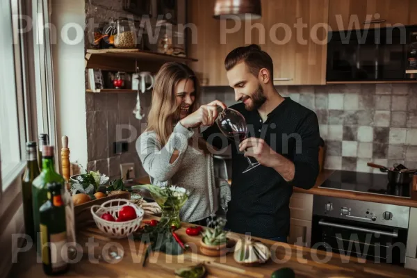 זוג צעיר לוגם יין תוך כדי הכנת ארוחת גורמה. משטח עבודה, בקבוק, שולחן