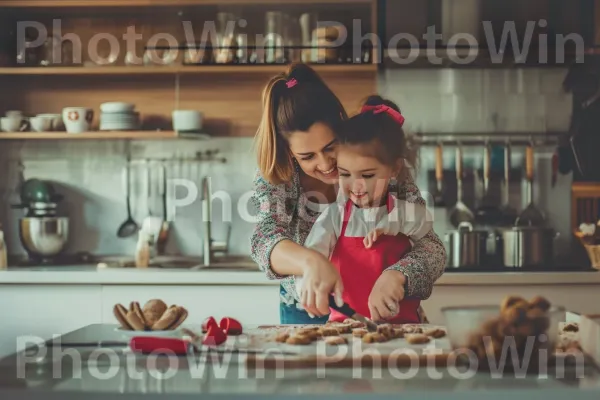 הורה וילד מתחברים על הכנת עוגיות מחממות לב. מזון, משטח עבודה, כלי שולחן