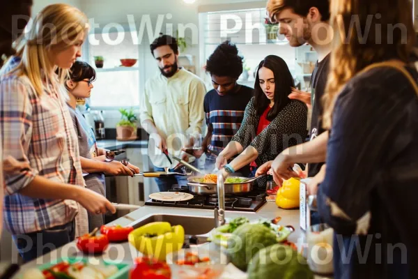 קבוצה של סטודנטים מבשלים ארוחה קלה ומהירה במטבח המעונות שלהם. כתום, שולחן, בישול