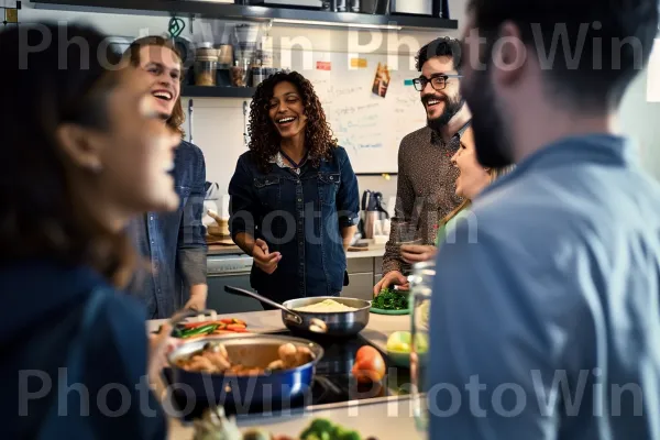 קבוצת עמיתים דנים בפרויקט העבודה שלהם תוך כדי בישול משותף. מזון, צרכן, בישול