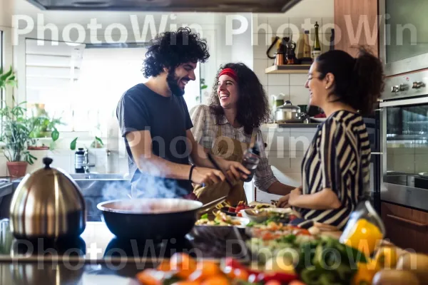 חברים צוחקים ומבשלים מנה טעימה במטבח המודרני שלהם. מזון, מִטְבָּח, מתכון