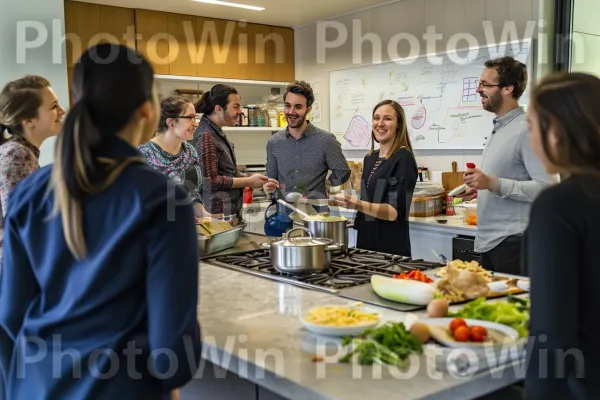 קבוצת עמיתים דנים בפרויקט העבודה שלהם תוך כדי בישול משותף. מזון, שולחן, צרכן