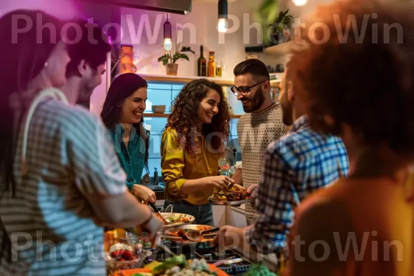 קבוצת חברים מתנסים במטבחים בינלאומיים בחלל המטבח המשותף שלהם. בן אנוש, מזון, כתום