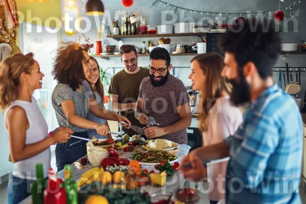 חברים מתאספים במטבח להכין סעודה חגיגית. שולחן, מִטְבָּח, שיתוף