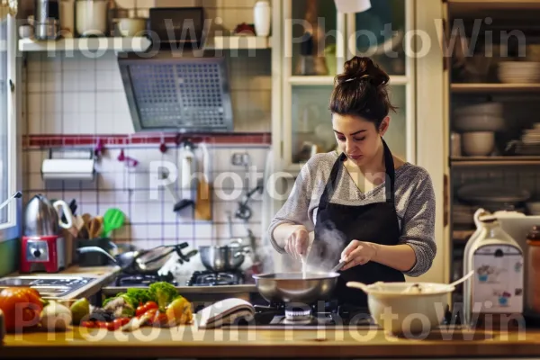 שף ביתי עסוק בריבוי משימות תוך הקצפה של מנה מעוררת תיאבון. כלי שולחן, משטח עבודה, מִטְבָּח