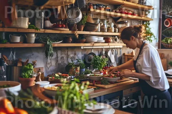 בלוגרית אוכל מצלמת מנה ביתית טעימה במטבח שלה. כלי שולחן, צמח, בישול