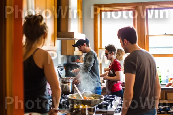 חברים צוחקים וחולקים הרפתקת בישול במטבח. מכשיר למטבח, משקפיים, שולחן