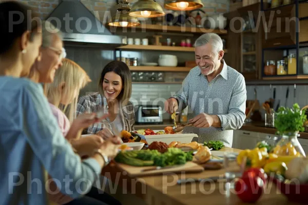 משפחה עליזה יוצרת ארוחה טעימה במטבח הנעים שלה. מזונות טבעיים, משטח עבודה, מתכון