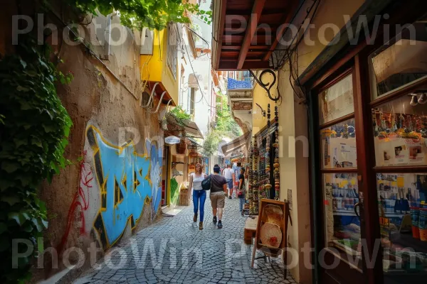 זוג מרוצה בוחן סמטאות צרות וציוריות של עיר עתיקה ומקסימה. צמח, ארכיטקטורה, שְׁכוּנָה