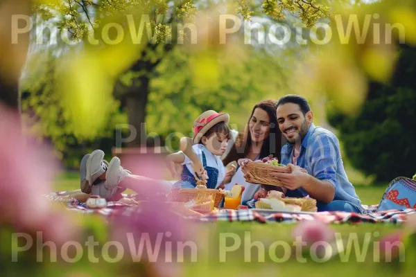 חיוכים תוססים כשהמשפחה נהנית מפיקניק מענג בגן פורח. צמח, אוֹר שֶׁמֶשׁ, עֵץ