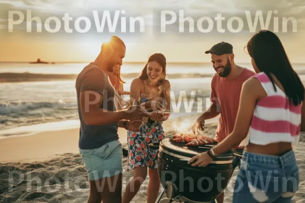 קבוצה מחייכת של חברים צוחקים בזמן שהם נהנים ממנגל על החוף. חיוך, אנשים בטבע, צילום פלאש