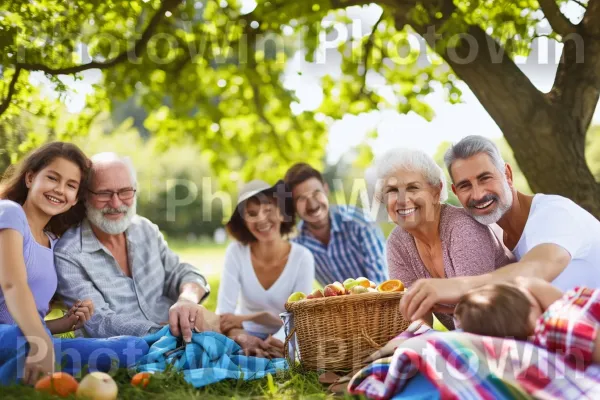 פיקניק משפחתי רב דורי מתחת לעץ מוצל, מוקיר את הביחד. חיוך, עֵץ, שַׂמֵחַ