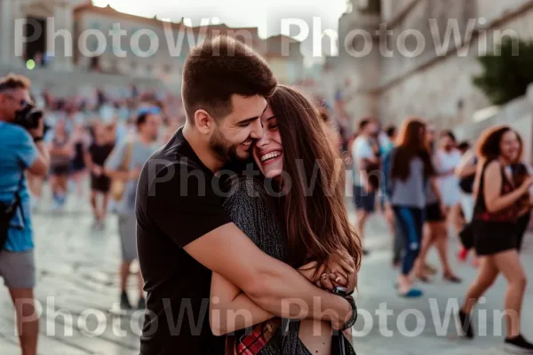 זוג צוחק הצטופף יחד, בוחן נקודת תיירות מפורסמת. חיוך, מִכְנָסַיִים קְצָרִים, צילום פלאש