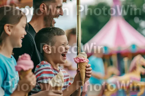 הורים וילדים מתענגים על גביעי גלידה טעימים ביריד המקומי. חיוך, תַצלוּם, פְּנַאִי