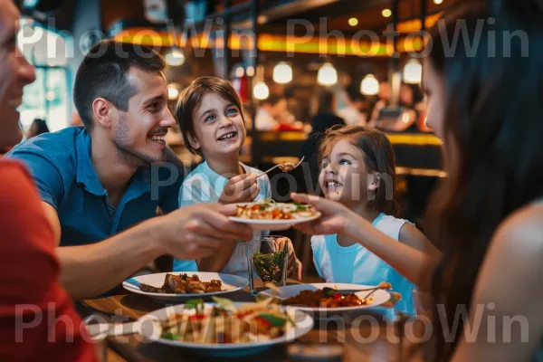 משפחה חולקת ארוחה טעימה במסעדה מקומית תוססת. חיוך, כלי שולחן, מִטְבָּח