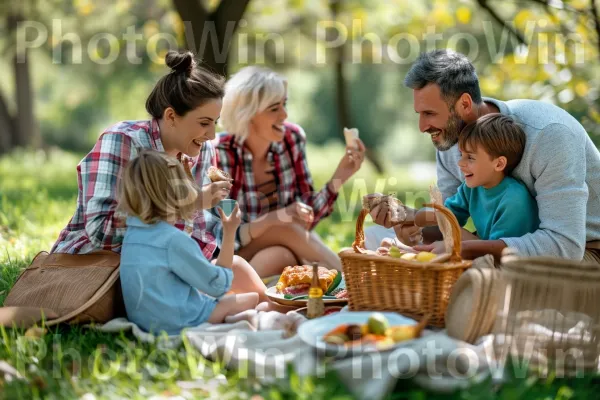 פיקניק משפחתי מקסים עם אוכל טעים וצחוק. מזון, שיתוף, כלי שולחן