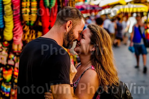 זוג חיבה מביטים אחד בשני באזור תיירות שוקק חיים. שַׂמֵחַ, צהוב, צילום פלאש