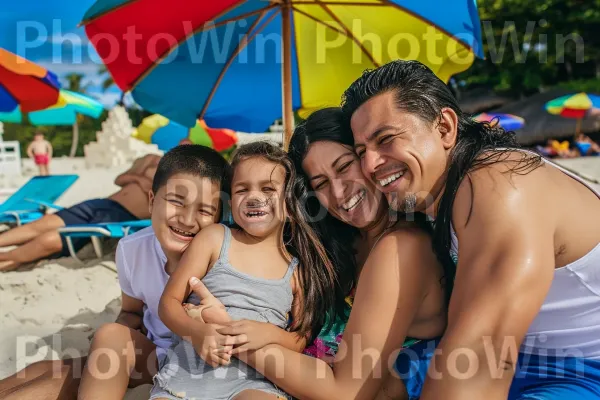 משפחה חייכנית נהנית מחופשת חוף שטופת שמש. אנשים על החוף, תַצלוּם, כְּחוֹל