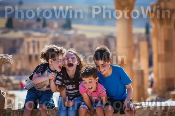 הורים וילדים משתפים בצחוק בזמן שהם חוקרים יחד חורבות עתיקות. חיוך, שְׁעוֹת הַיוֹם, שַׂמֵחַ