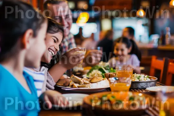 משפחה חולקת ארוחה טעימה במסעדה מקומית תוססת. חיוך, שולחן, צַלַחַת