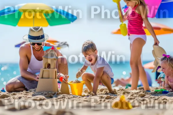 הורים וילדים מאושרים בונים ארמונות חול ליד החוף. תַצלוּם, מִכְנָסַיִים קְצָרִים, אנשים בטבע