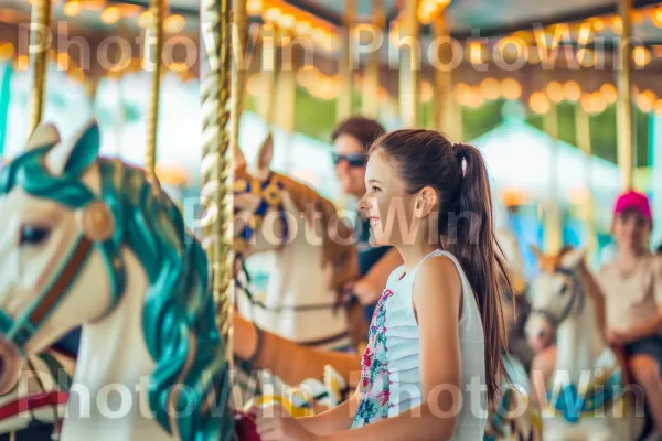 שמחת חופשה: הורים וילדים נהנים משייט קרוסלה מרגש ביחד. קרוסלה, פְּנַאִי, חיוך