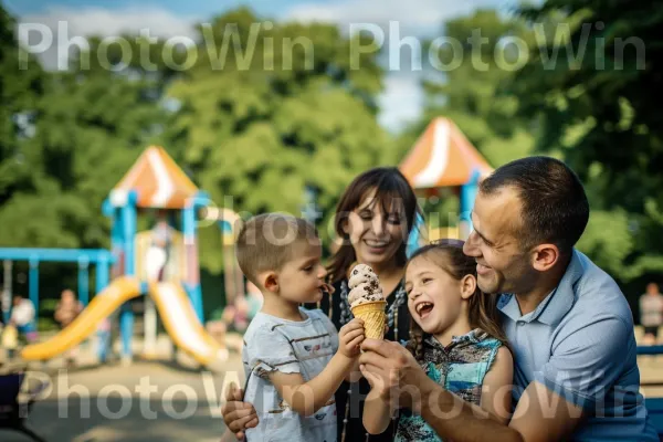 הורים וילדים שמחים לוקחים הפסקה כדי ליהנות מגלידה. עֵץ, דֶשֶׁא, צמח