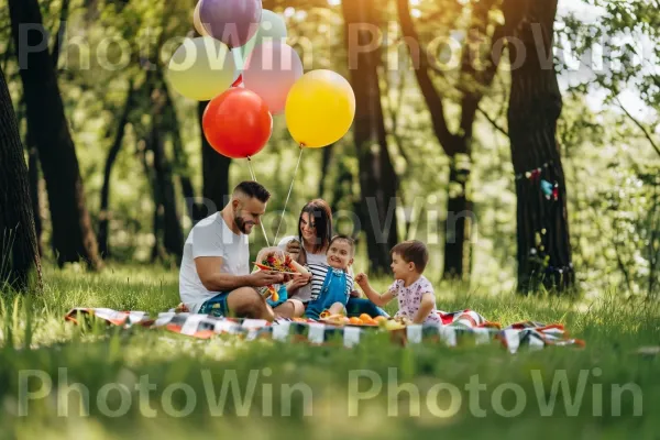 משפחה מאושרת נהנית מפיקניק באווירה שופעת ושלווה. סביבה טבעית, שַׂמֵחַ, אנשים בטבע