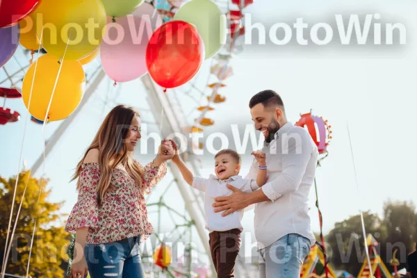 משפחה שמחה שנהנית מיום בילוי באתר תיירות ידוע. שָׁמַיִם, תַצלוּם, צהוב