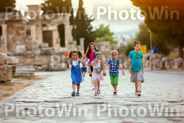 ילדים שובבים מובילים את הוריהם דרך מקומות סיורים היסטוריים. צמח, מִכְנָסַיִים קְצָרִים, מחווה