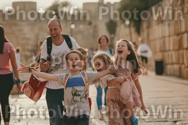 משפחה שובבה חובקת הרפתקאות, מתעמקת באתר התיירות המפורסם. מכנסיים, מִכְנָסַיִים קְצָרִים, מחווה