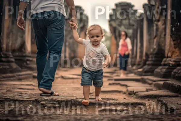 ילד מקסים חוקר אתר היסטורי יד ביד עם ההורים. הַלבָּשָׁה, צילום פלאש, שָׁמַיִם