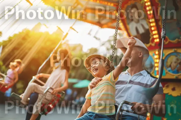 משפחה מאוחדת נהנית מיום בחוץ באטרקציה תיירותית תוססת. בן אנוש, שַׂמֵחַ, קרוסלה