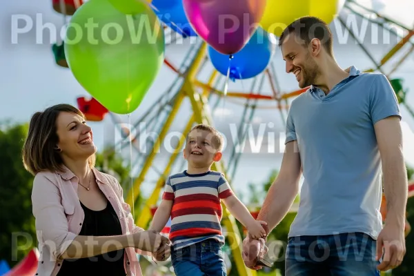 משפחה שמחה שנהנית מיום בילוי באתר תיירות ידוע. תַצלוּם, בן אנוש, שַׂמֵחַ