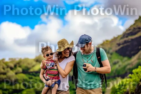 משפחה הרפתקנית בוחנת את פניני החן הנסתרות של אטרקציה תיירותית אהובה. ענן, שָׁמַיִם, כובע