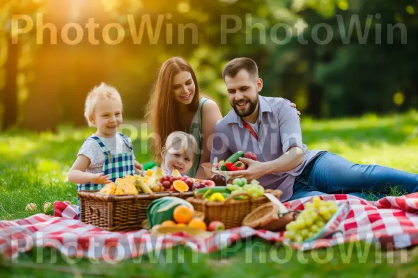 משפחה נהנית מפיקניק מלא במאכלים ביתיים בריאים. פָּנִים, תַצלוּם, ירוק