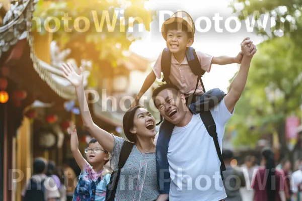 תמונה הלוכדת רגע משפחתי משמח בתוך יעד תיירותי פופולרי. תַצלוּם, חוּלצָה, מִכְנָסַיִים קְצָרִים